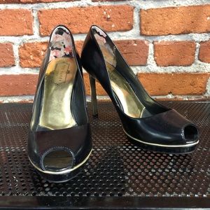 Ted Baker Black and Gold Open Toe Heels